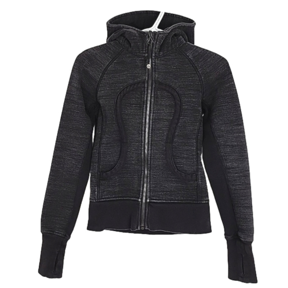 Lululemon Women's Hoodie Heathered Grey Black Fleece Lined Thumbholes 2